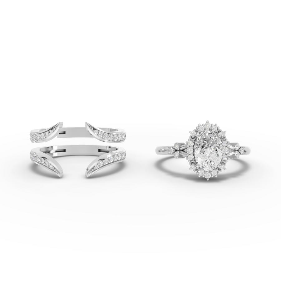 1.36 Ct Oval Halo With Side Band Set 1.00 Ct Center