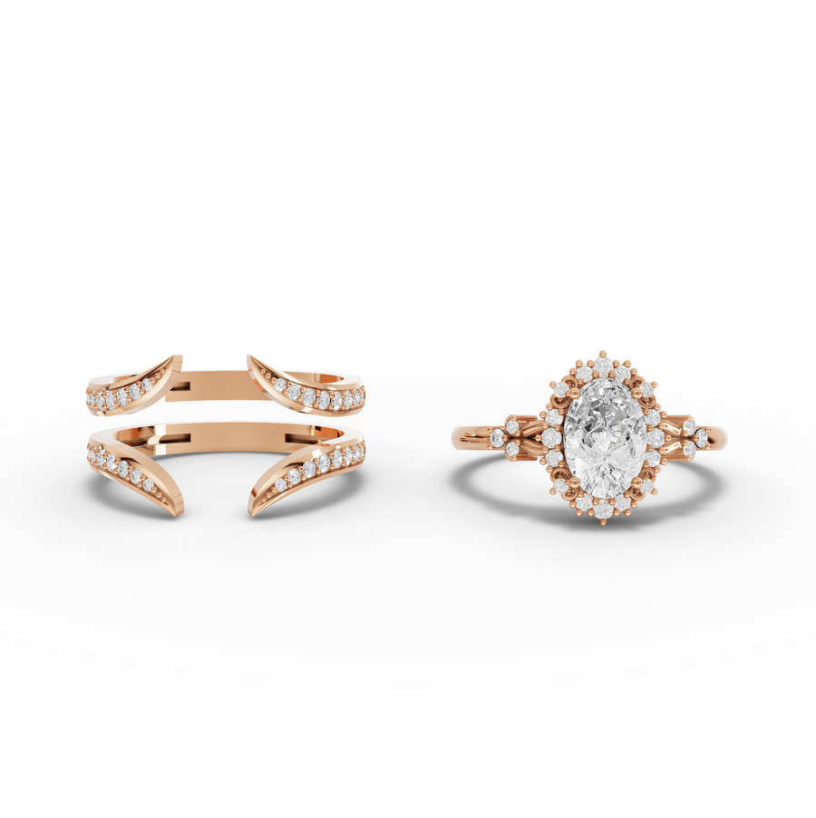 1.36 Ct Oval Halo With Side Band Set 1.00 Ct Center