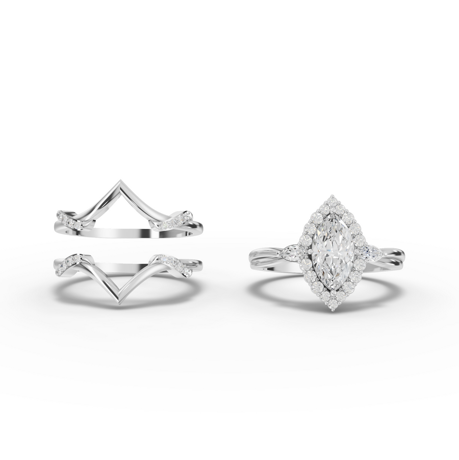 1.37 Ct Marquise Halo With Side Stone Band 1.00 Ct Center