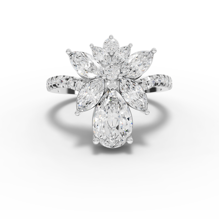 2.05 Ct Pear & Marquise Floral Lab Diamond Cluster Ring with Accent Band