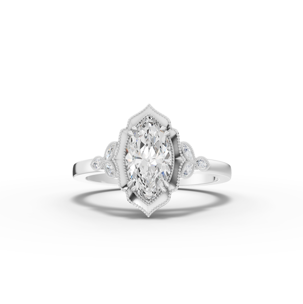 1.13 ct marquise lab diamond ring with 1.00 ct center, vintage halo, and marquise side stones