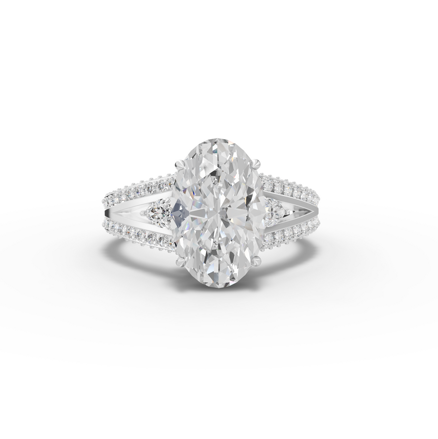 3.75 ct oval lab diamond hidden halo pavé ring with 3.00 ct center stone and solitaire-style setting