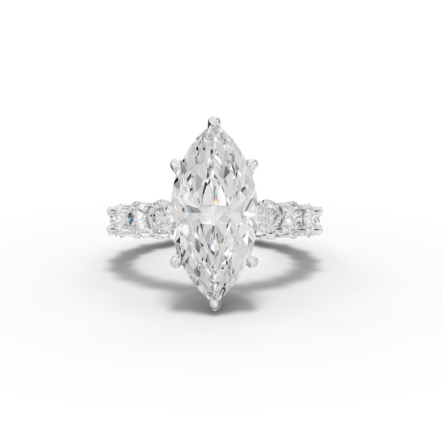 6.94 ct marquise solitaire lab diamond ring with 4 ct center, hidden halo accent, and eternity band