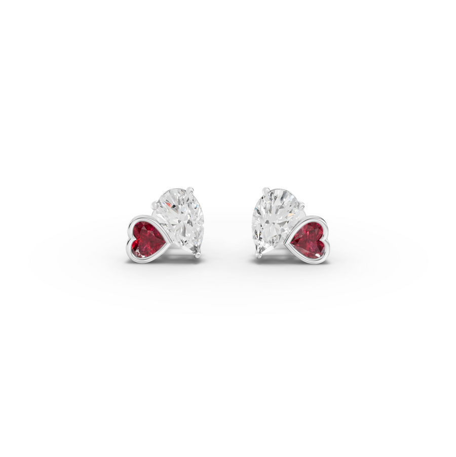 2.70 ct Toi et Moi stud earrings with heart ruby, pear lab grown diamond design and screw back setting