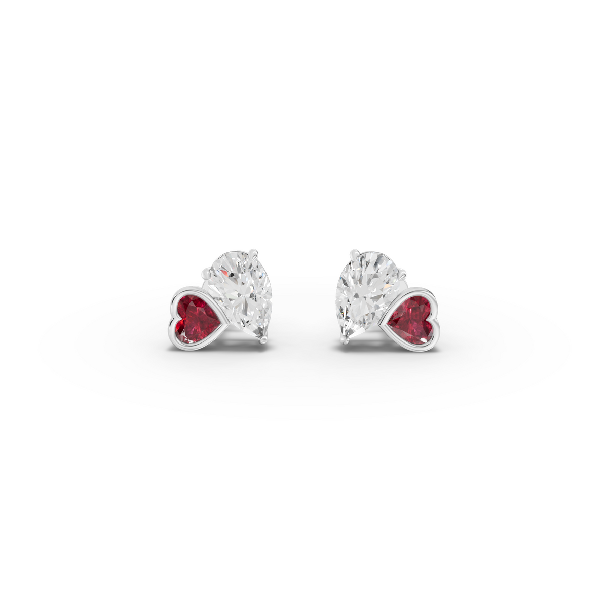 2.70 ct Toi et Moi stud earrings with heart ruby, pear lab grown diamond design and screw back setting