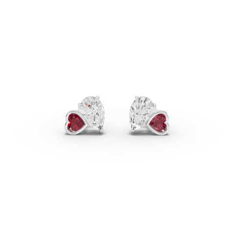 2.70 ct Toi et Moi stud earrings with heart ruby, pear lab grown diamond design and screw back setting
