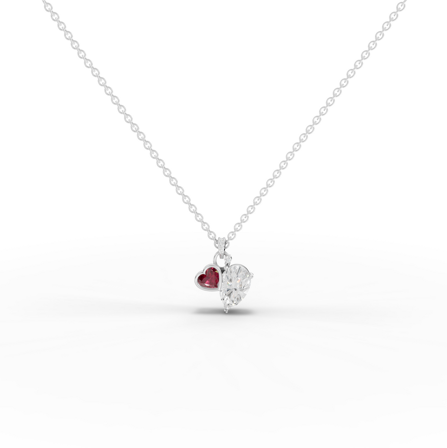 2.58 ct pear lab grown diamond dual heart ruby pendant with 2.00 ct center stone