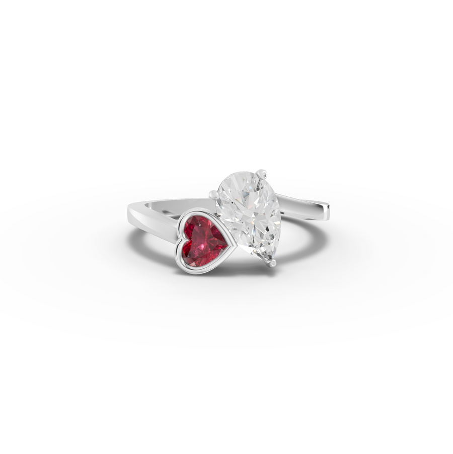 1.35 ct pear lab grown diamond and ruby heart bypass ring with 1.00 ct center stone
