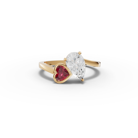 1.35 Ct Pear Lab Grown Diamond & Ruby Heart Bypass Ring 1.00 Ct Center