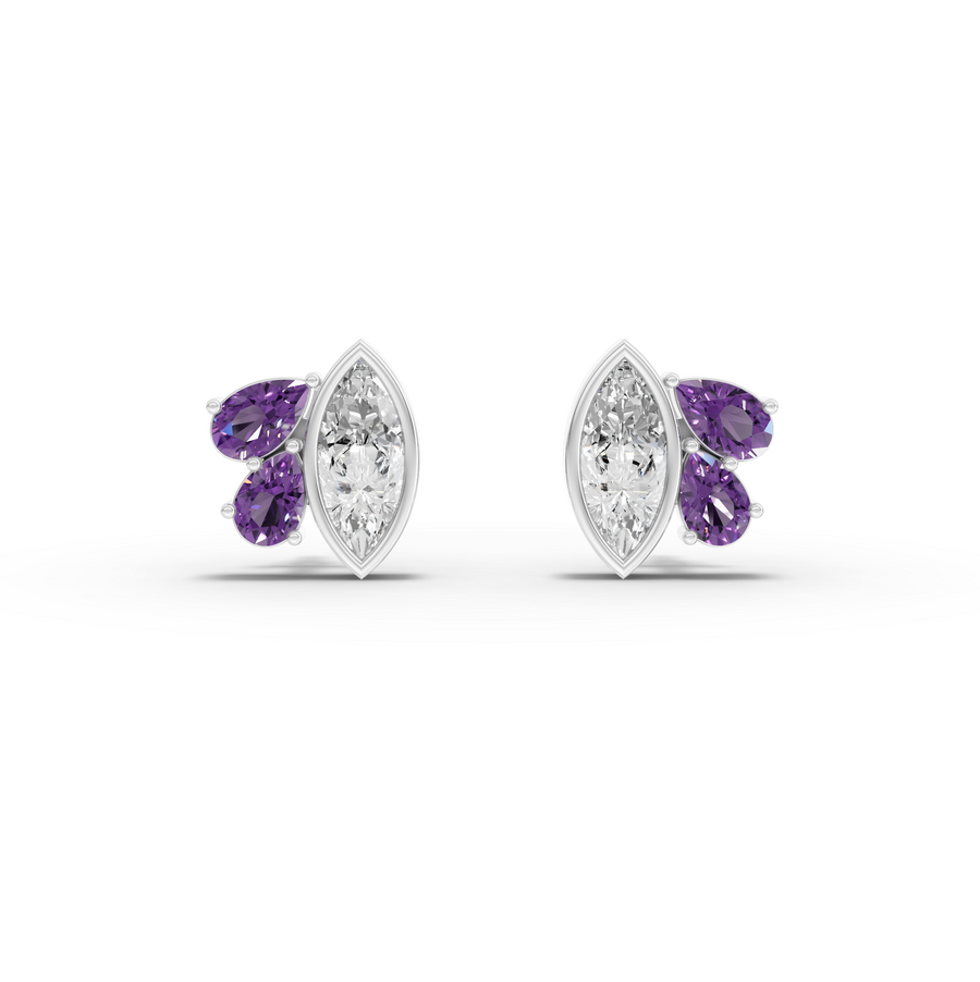 1.63 Ct Marquise Diamond & Amethyst Cluster Stud Earrings