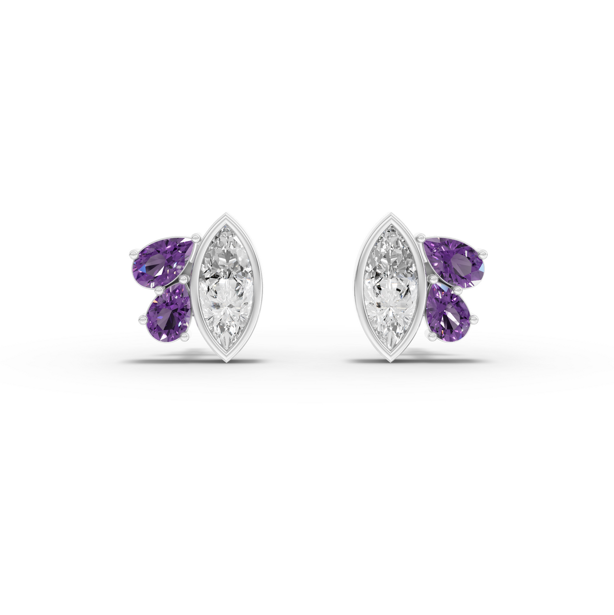 1.63 Ct Marquise Diamond & Amethyst Cluster Stud Earrings