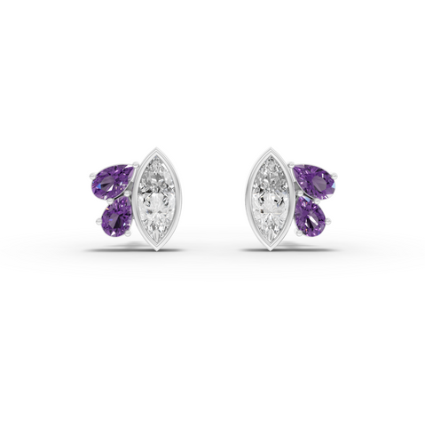 1.63 Ct Marquise Diamond & Amethyst Cluster Stud Earrings