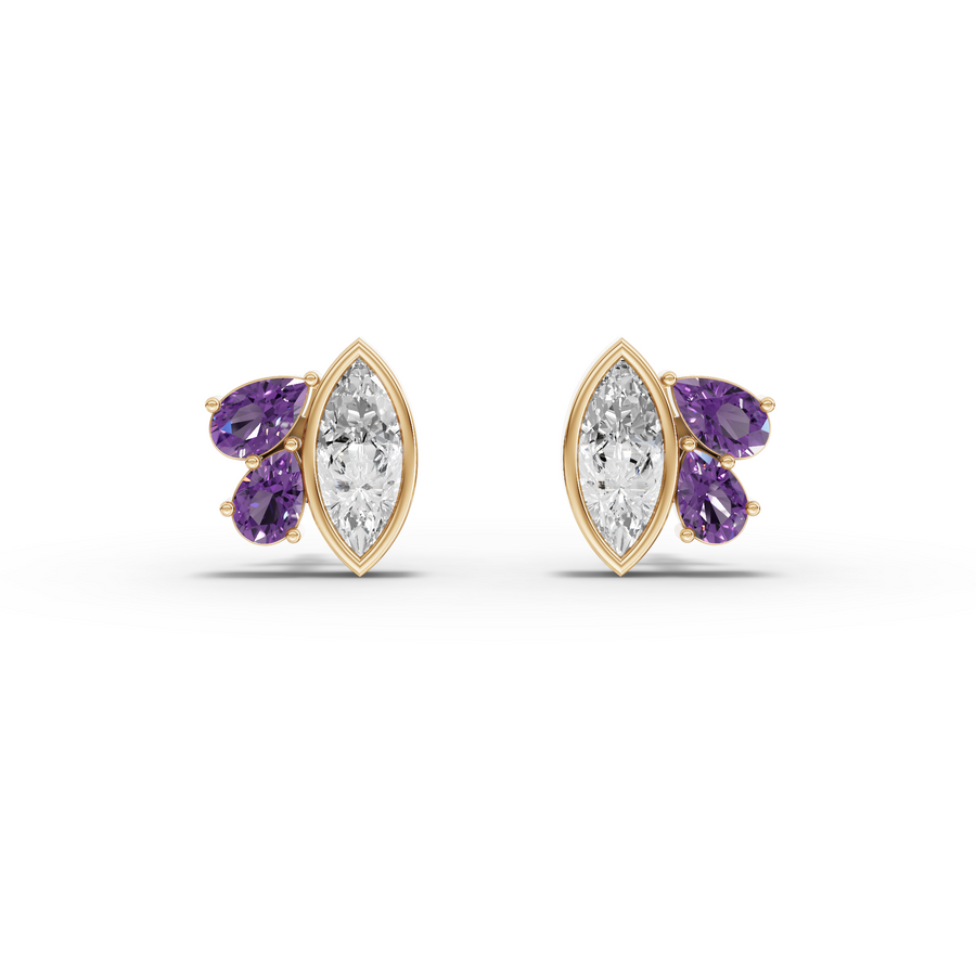 1.63 Ct Marquise Diamond & Amethyst Cluster Stud Earrings