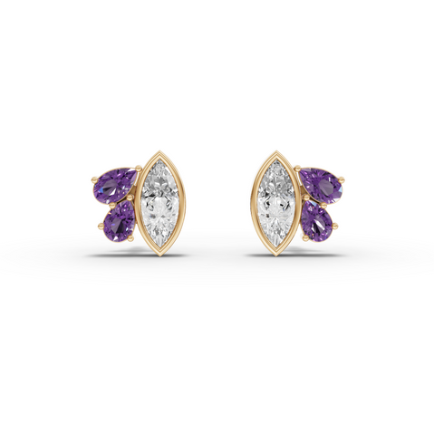1.63 Ct Marquise Diamond & Amethyst Cluster Stud Earrings