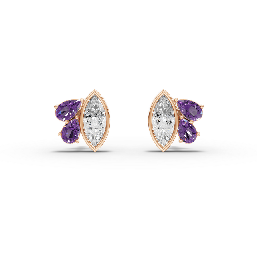 1.63 Ct Marquise Diamond & Amethyst Cluster Stud Earrings