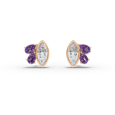 1.63 Ct Marquise Diamond & Amethyst Cluster Stud Earrings