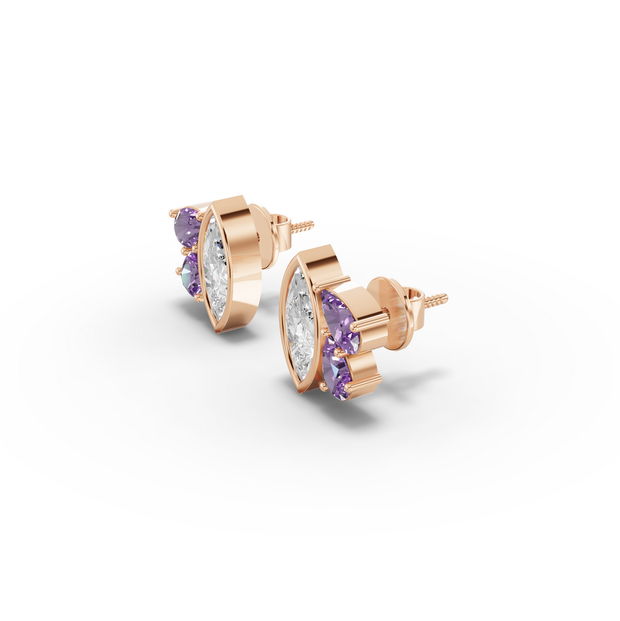 1.63 Ct Marquise Diamond & Amethyst Cluster Stud Earrings