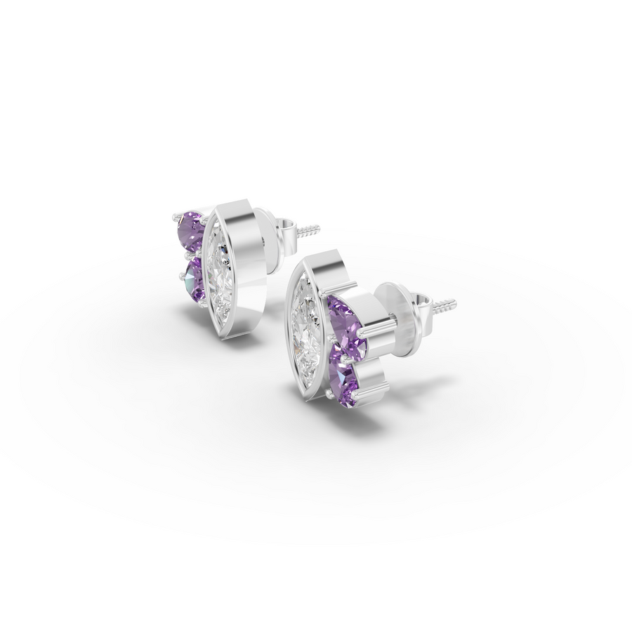 1.63 Ct Marquise Diamond & Amethyst Cluster Stud Earrings