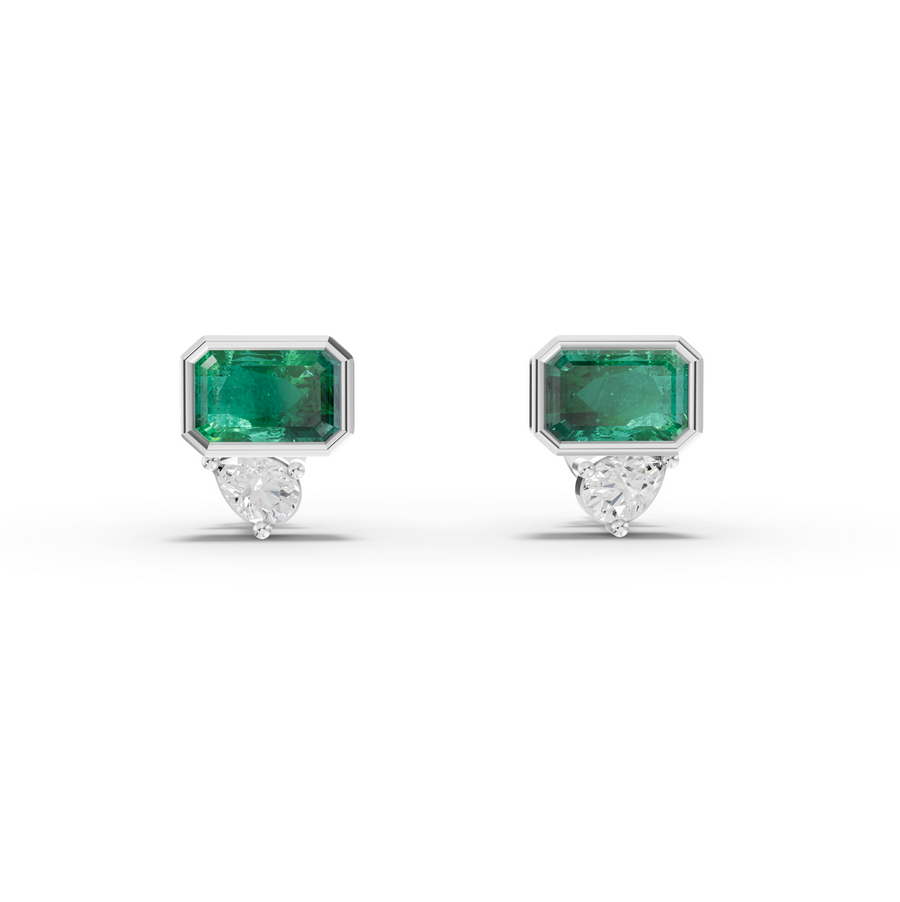 1.16 Ct Emerald Cut Green Stone Stud Earrings with Diamond Drop