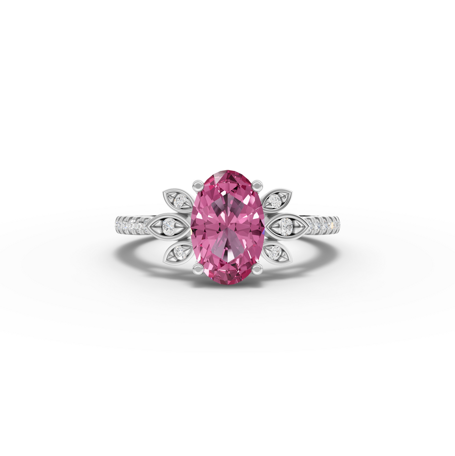 Oval pink tourmaline halo ring with 1.50 ct center and lab grown diamond accents