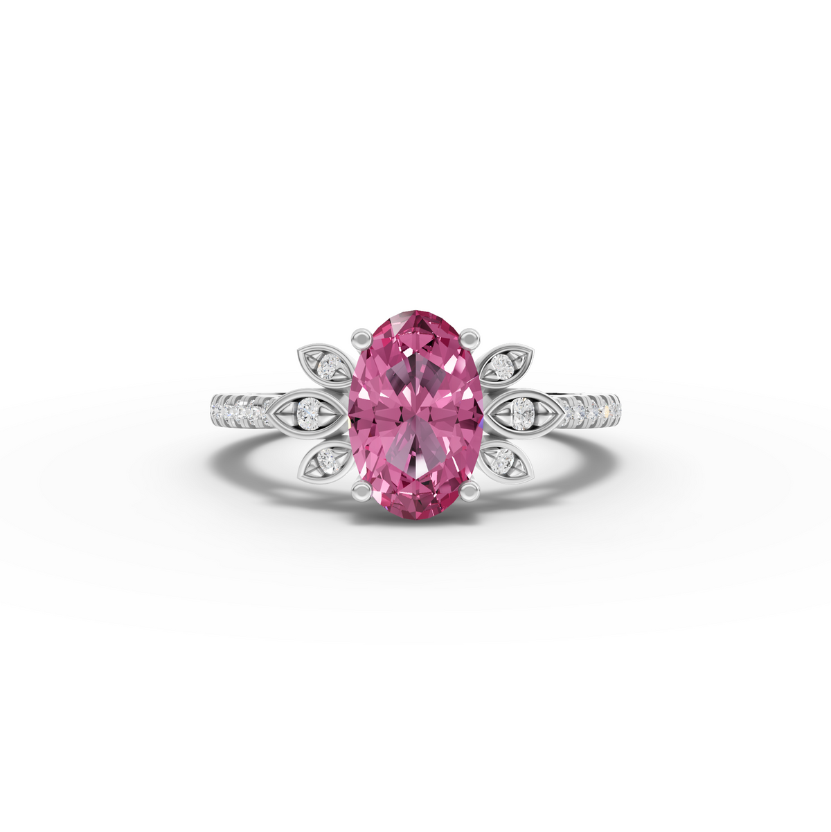 Oval pink tourmaline halo ring with 1.50 ct center and lab grown diamond accents