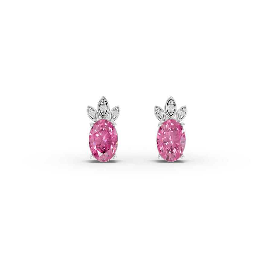 2.05 ct pink tourmaline diamond stud earrings with lab grown diamonds, leaf design, and screw backs
