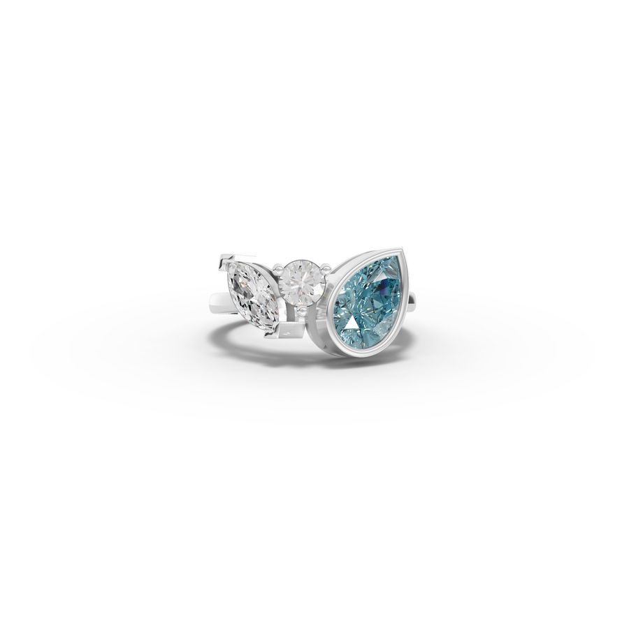 2.82 ct aquamarine three stone ring with 2.00 ct pear center and marquise lab diamond side stones
