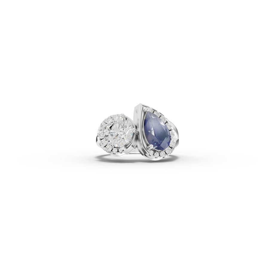 3.33 ct blue sapphire and lab grown diamond designer two stone ring with a refined statement setting