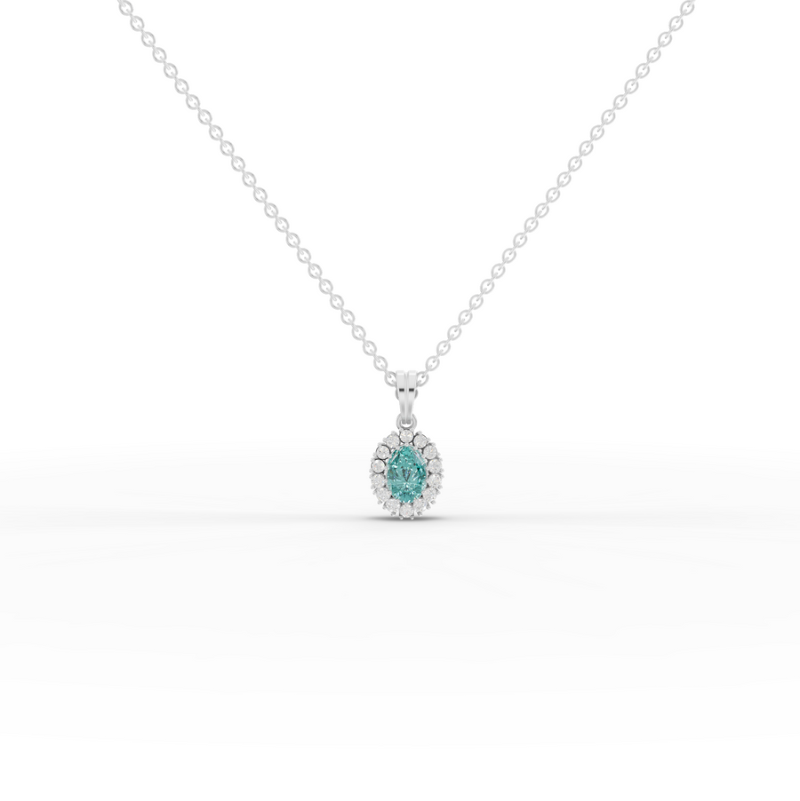 1.31 ct turquoise oval halo lab diamond pendant necklace with vivid blue center stone and sparkling diamond surround