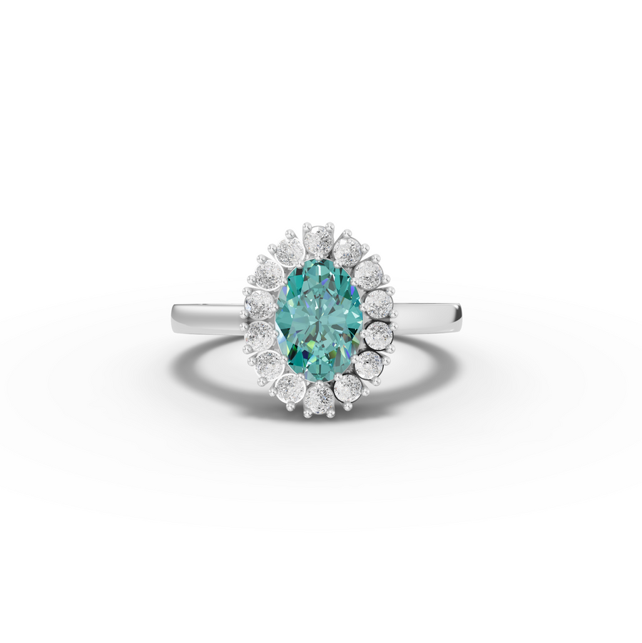 1.31 ct oval turquoise halo ring with 1.00 ct center stone and lab grown diamond accents