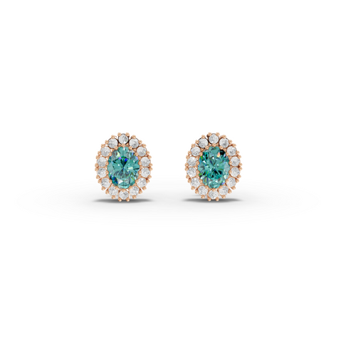 1.29 Ct Oval Turquoise & Diamond Halo Stud Earrings