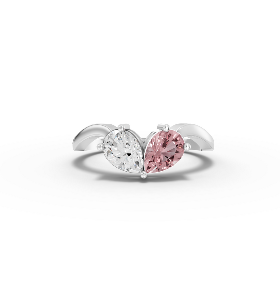 1.00 ct pear pink tourmaline two-stone bypass lab diamond ring with flowing open band design