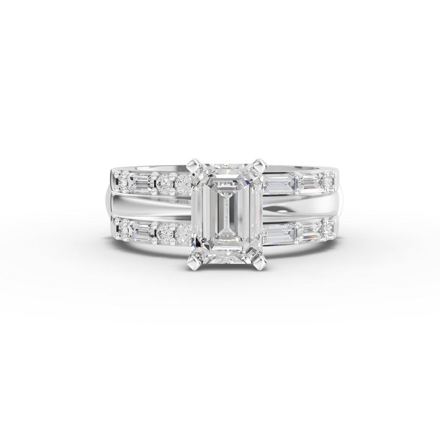 1.50 Ct Emerald Cut Lab Diamond Ring Double Band Baguette Pavé 1.00 Ct Center