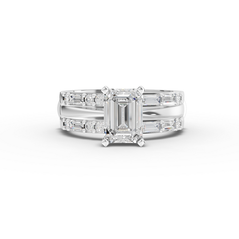 1.50 Ct Emerald Cut Lab Diamond Ring Double Band Baguette Pavé 1.00 Ct Center