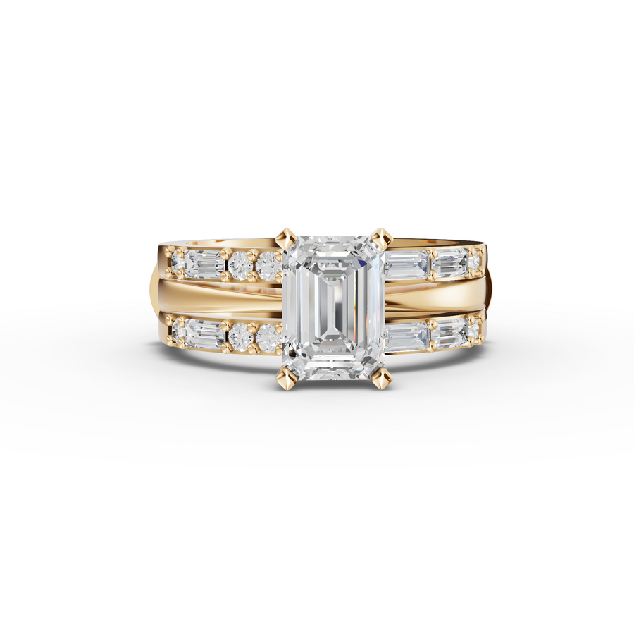 1.50 Ct Emerald Cut Lab Diamond Ring Double Band Baguette Pavé 1.00 Ct Center