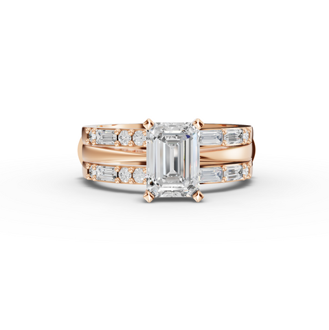 1.50 Ct Emerald Cut Lab Diamond Ring Double Band Baguette Pavé 1.00 Ct Center