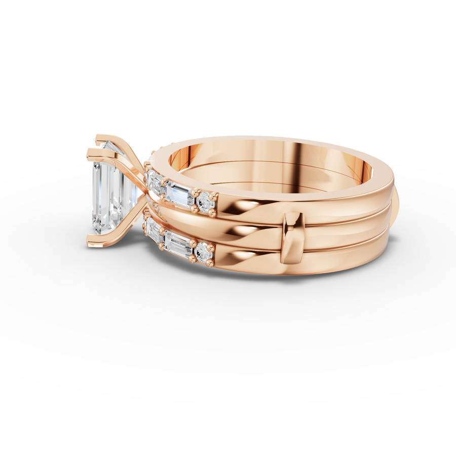 1.50 Ct Emerald Cut Lab Diamond Ring Double Band Baguette Pavé 1.00 Ct Center