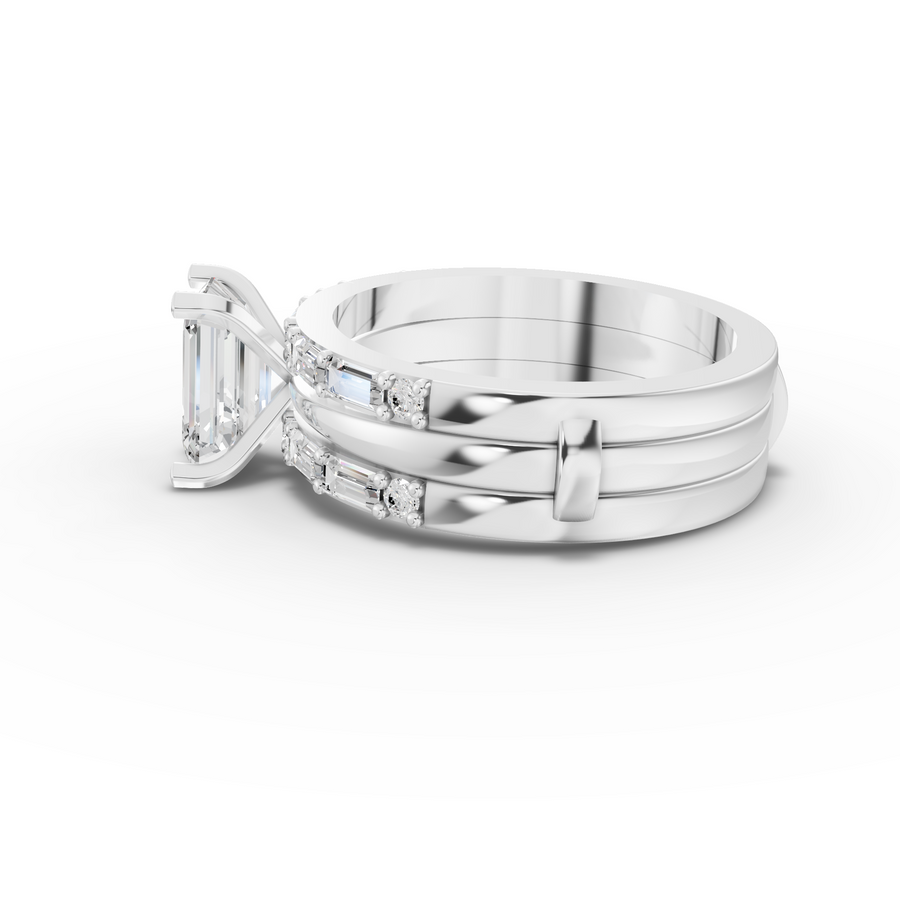 1.50 Ct Emerald Cut Lab Diamond Ring Double Band Baguette Pavé 1.00 Ct Center