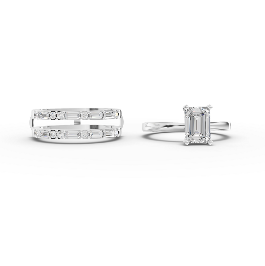 1.50 Ct Emerald Cut Lab Diamond Ring Double Band Baguette Pavé 1.00 Ct Center