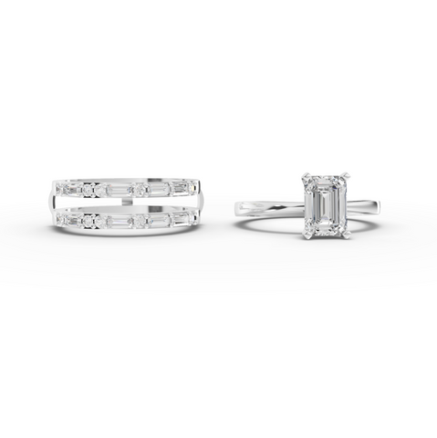 1.50 Ct Emerald Cut Lab Diamond Ring Double Band Baguette Pavé 1.00 Ct Center