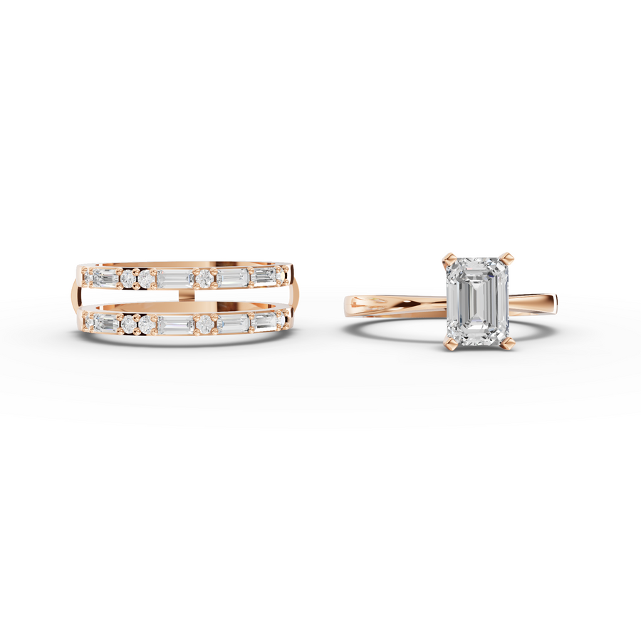 1.50 Ct Emerald Cut Lab Diamond Ring Double Band Baguette Pavé 1.00 Ct Center