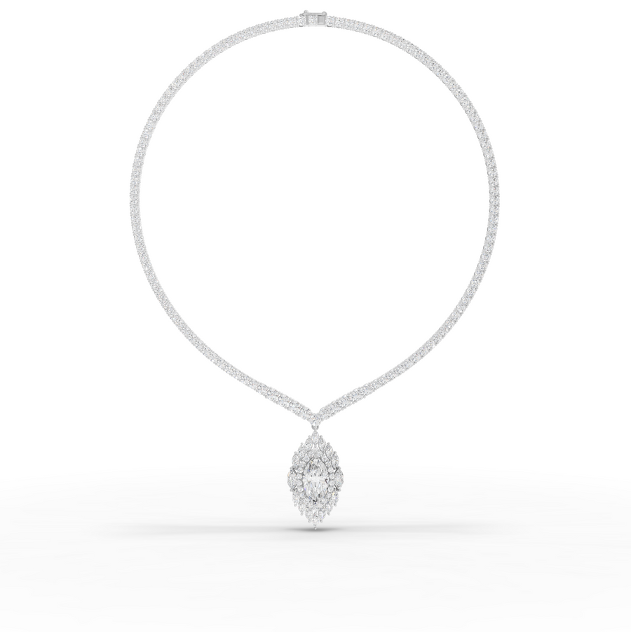 21.03 Ct Marquise Halo Drop Lab Diamond Necklace with Tennis Chain 5.00 Ct Center