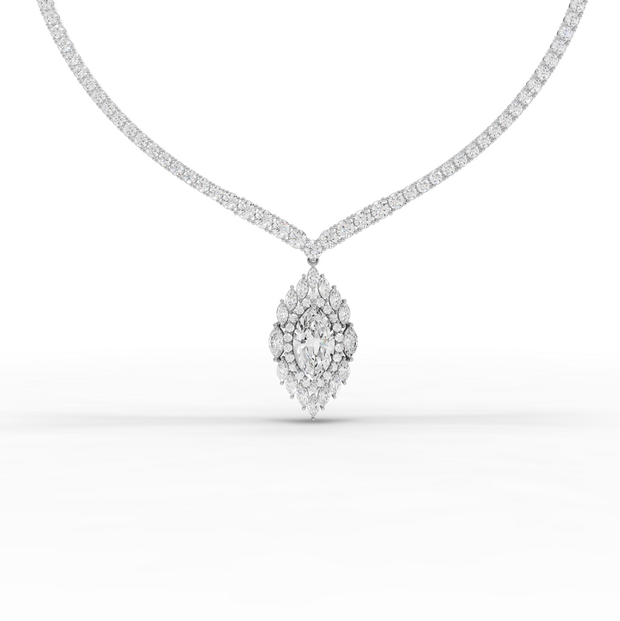 21.03 Ct Marquise Halo Drop Lab Diamond Necklace with Tennis Chain 5.00 Ct Center