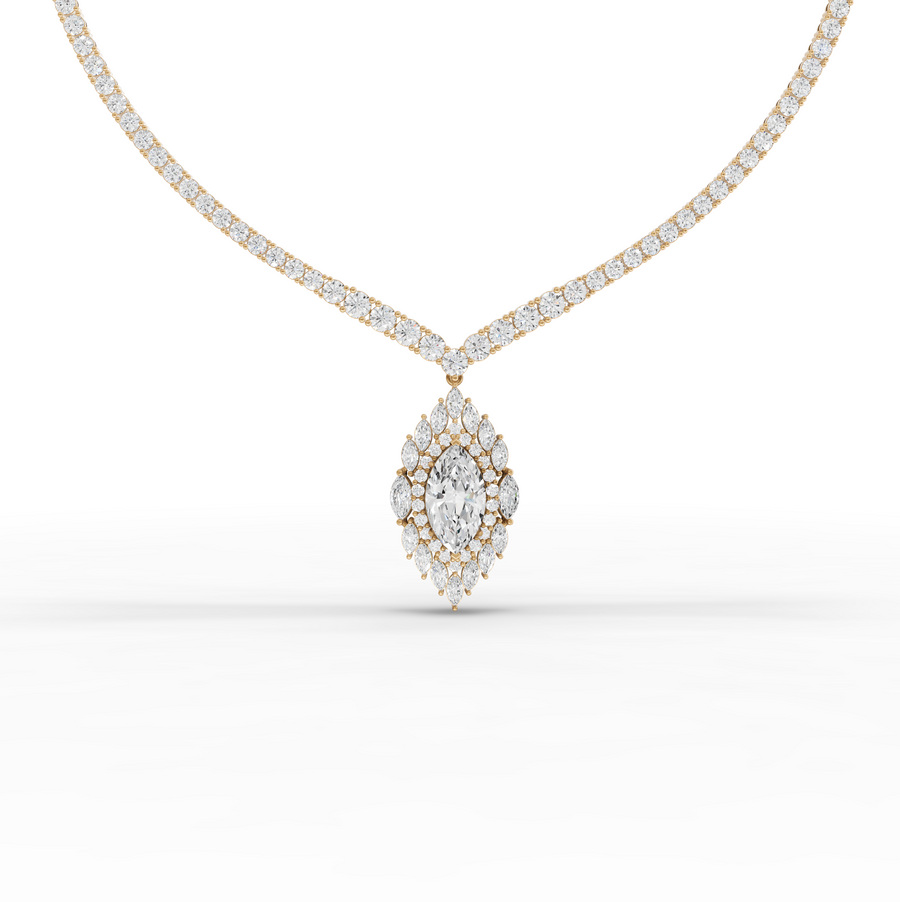 21.03 Ct Marquise Halo Drop Lab Diamond Necklace with Tennis Chain 5.00 Ct Center