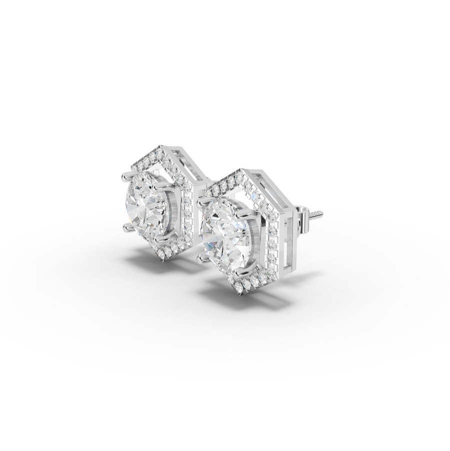 3.31 Ct Hexagon Halo Round Diamond Stud Earrings
