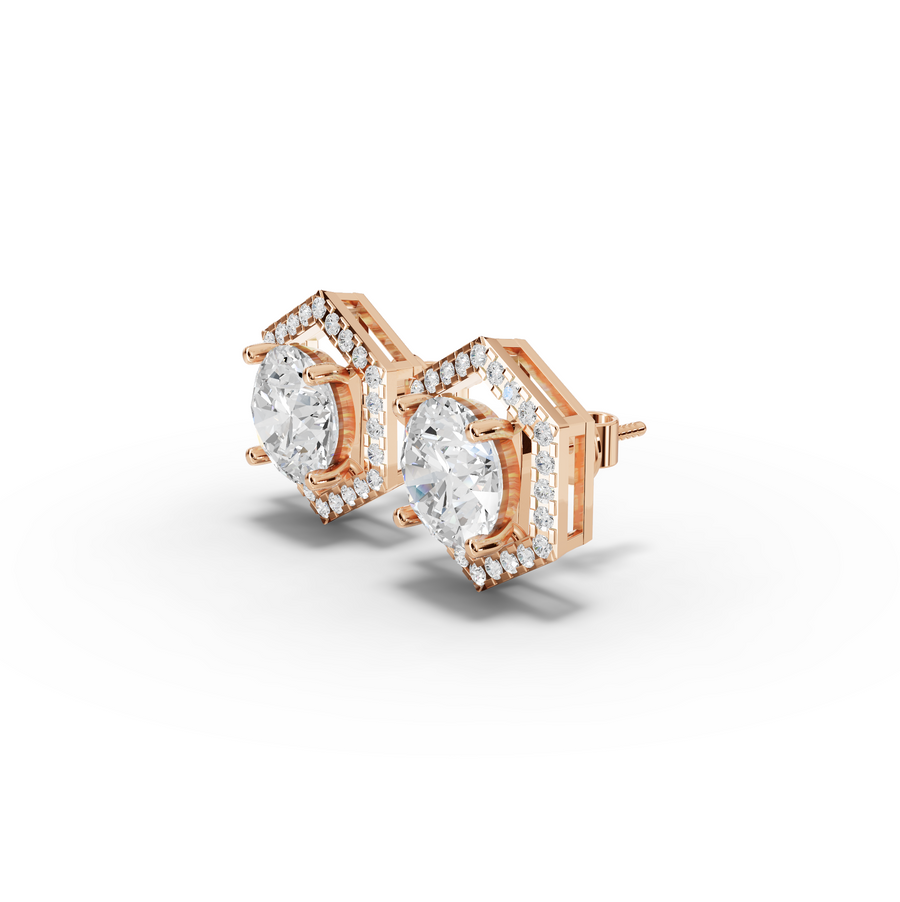 3.31 Ct Hexagon Halo Round Diamond Stud Earrings