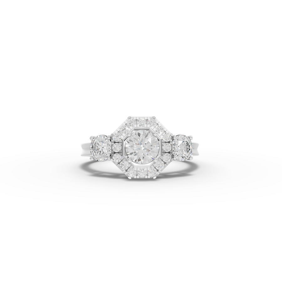 1.16 Ct Hexagon Halo Three Stone Diamond Ring