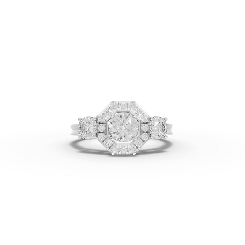 1.16 Ct Hexagon Halo Three Stone Diamond Ring