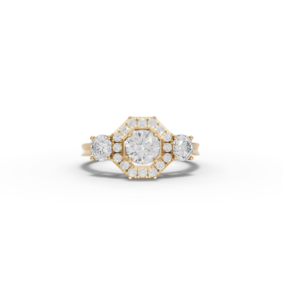 1.16 Ct Hexagon Halo Three Stone Diamond Ring