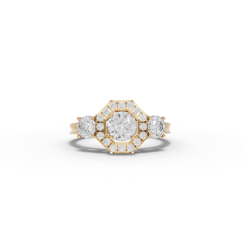 1.16 Ct Hexagon Halo Three Stone Diamond Ring